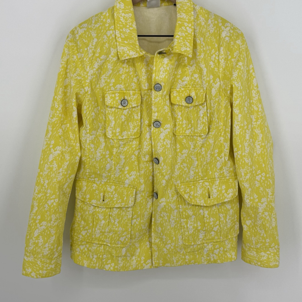 CAbi Yellow Field Jacket Daisy Spring Floral Cotton Stretch Button #5160 Sz M